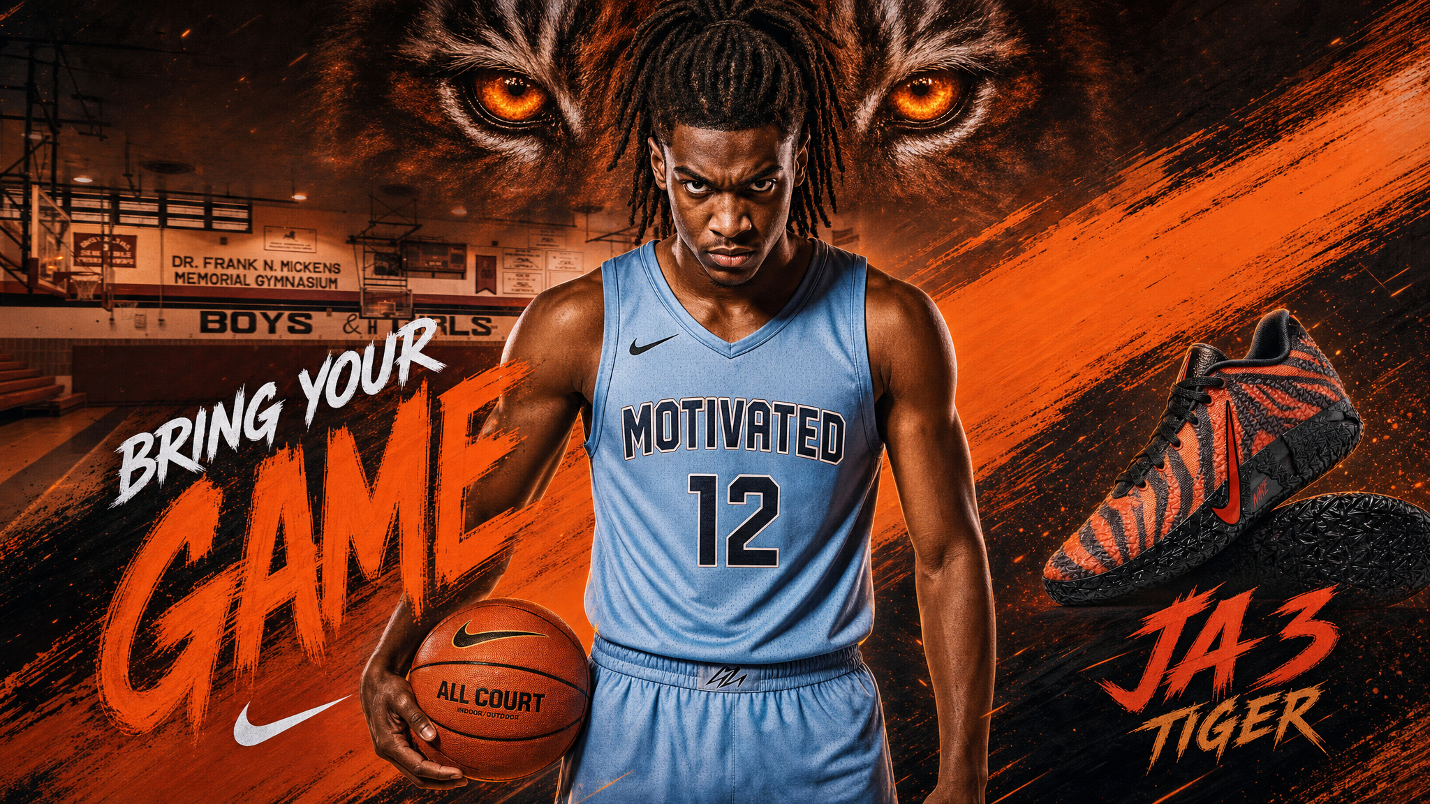 Bring Your Game - EFV Youth Sports promotional banner with basketball player and tiger