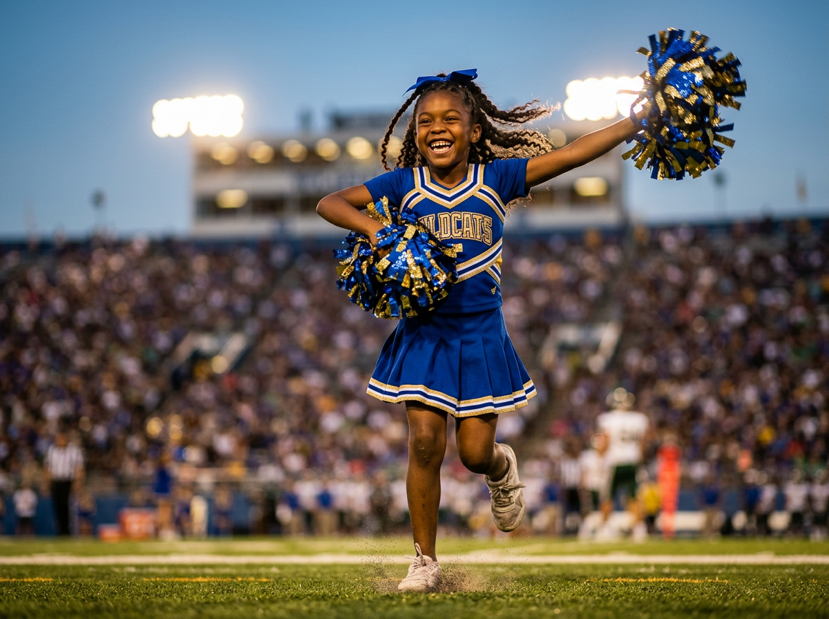 Young athlete playing Cheerleading in Brooklyn Phoenix blue and gold uniform