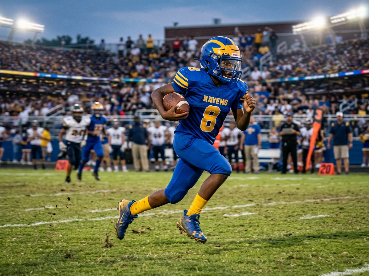 Young athlete playing Football in Brooklyn Phoenix blue and gold uniform