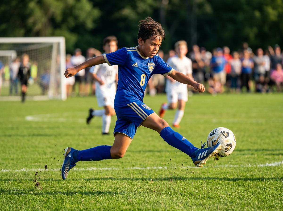 Young athlete playing Soccer in Brooklyn Phoenix blue and gold uniform