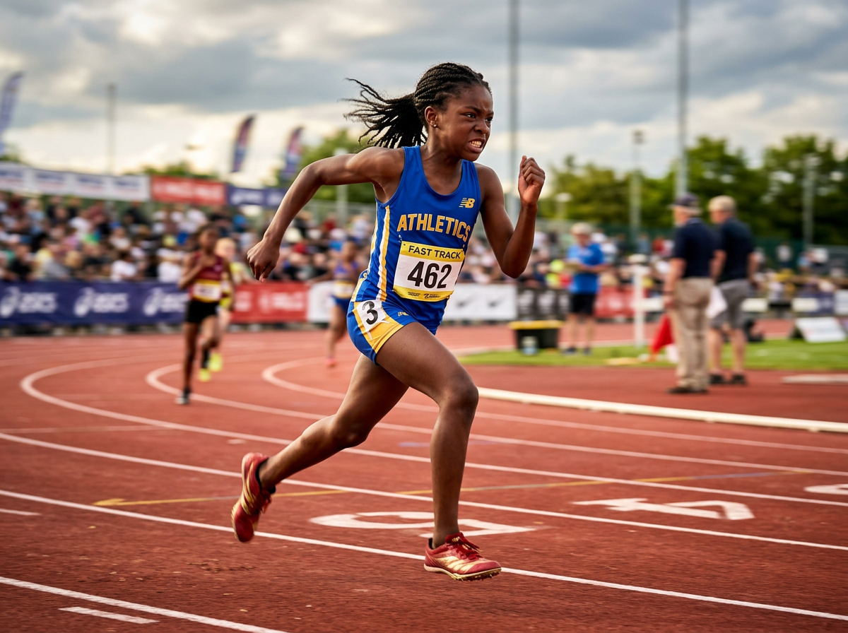 Young athlete playing Track & Field in Brooklyn Phoenix blue and gold uniform